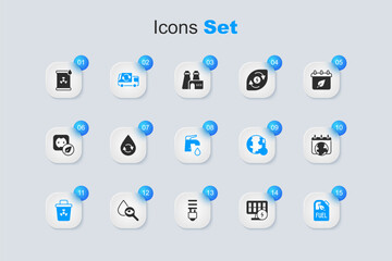 Set Solar energy panel, Recycle clean aqua, Garbage truck, Infectious waste, Bio fuel canister, World Earth day, Radioactive in barrel and Water tap icon. Vector