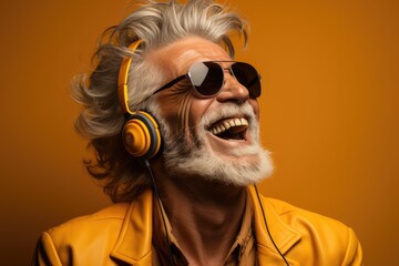 Senior man in a good mood wearing headphones closed her eyes enjoying the music and singing a song. Generative AI