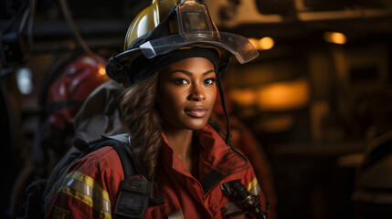 Female African American firefighter wearing protective helmet and gear at a fire incident - generative AI.