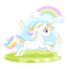 Obraz na płótnie Canvas Cute cartoon character unicorn runs on a meadow vector