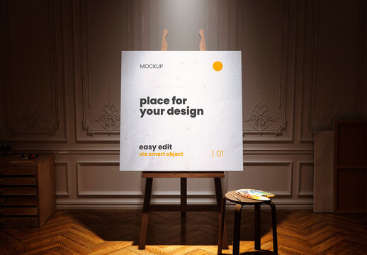 Atelier Painter Stand Square Canvas Spotlight Mockup