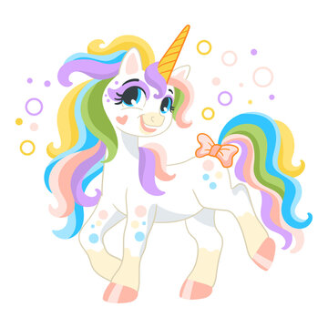 Cute cartoon character unicorn with bubbles vector illustration