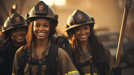 Female African American firefighters working in the field - generative AI.