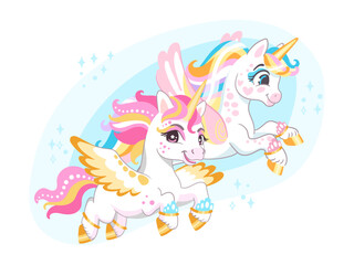 Two cartoon cute character flying unicorns vector
