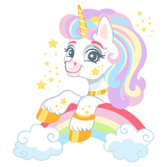 Cute cartoon character unicorn on a rainbow vector