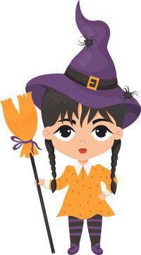 witch girl with braids in hat and broom