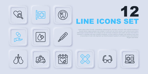 Set line Glasses, Clinical record on laptop, Blood test, Crossed bandage plaster, Medical prescription, Ambulance car, Emergency - Star of Life and Doctor appointment icon. Vector