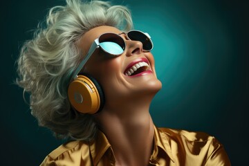 Senior woman in a good mood wearing headphones closed her eyes enjoying the music and singing a song. Generative AI