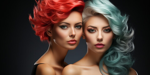 Obraz premium Hübsche Model Frauen mit gefärbten und gelockten Haar mit modernster Frisur und edlen Visagistik Make up als Poster Nahaufnahme, ai generativ