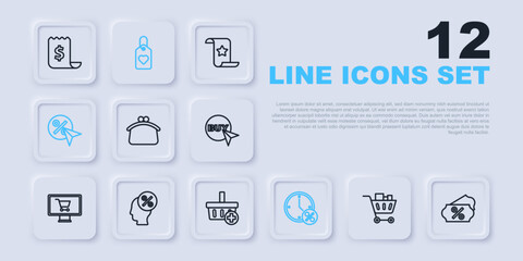 Set line Shopping cart and food, Discount percent tag, Wallet, Clock discount, Heart and Add to basket icon. Vector