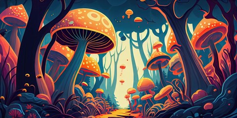 Fototapeta na wymiar Colorful psychedlic mushroom forest