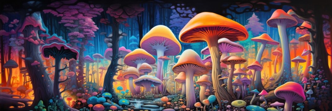Colorful psychedlic mushroom forest
