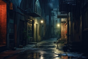 Fototapeta premium A dark alleyway at night with rain on the cobblestone street