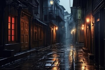 A dark alleyway at night with rain on the cobblestone street