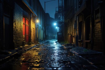 A dark alleyway at night with rain on the cobblestone street - obrazy, fototapety, plakaty