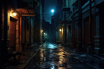 Fototapeta na wymiar A dark alleyway at night with rain on the cobblestone street