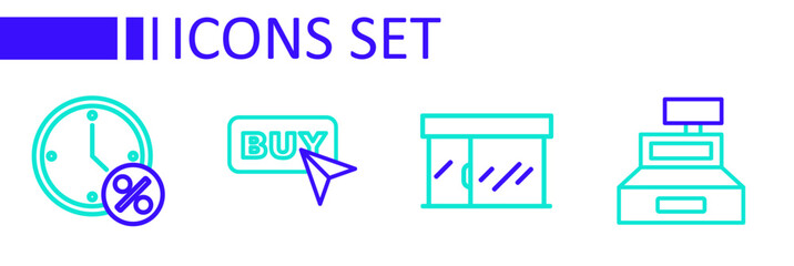 Set line Cash register machine, Market store, Buy button and Clock and percent discount icon. Vector