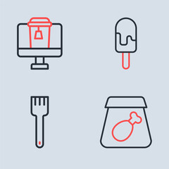 Set line Ice cream, Fork, Online ordering meal and food icon. Vector