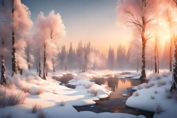 3D scene of a peaceful winter forest bathed in the warm glow of a setting sun. Showcase snow-covered trees and a serene river reflecting the twilight sky.