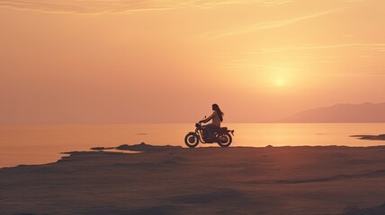 a young couple on motorbikes, riding side by side and enjoying a cruise trip. The minimalist style emphasizes the freedom and simplicity of the journey.