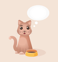 vector hungry cat  with feed bowl and speech bubble
