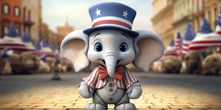 Cartoony and adorable uncle sam elephant character for American conservative politics