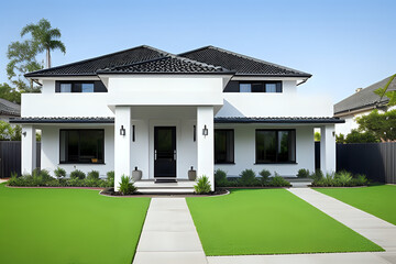 White family house with black pitched roof tiles, and beautiful front yard with green lawn. Modern house with garden