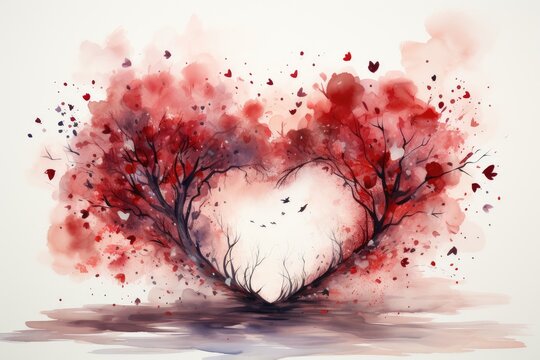 Two trees with red foliage intertwined in the shape of a heart, watercolor valentine