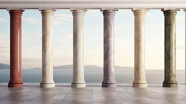 a row of towering marble columns, their smooth surfaces and intricate details. The composition evokes the grandeur of classical architecture.