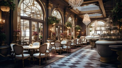 a luxury cafe, adorned with ornate decor and exquisite lighting. The composition conveys the opulent atmosphere of high-end dining.