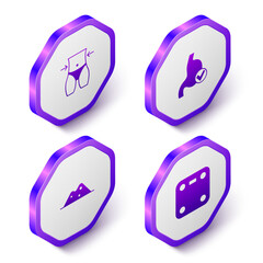 Set Isometric Women waist, Human stomach health, Salt and Bathroom scales icon. Purple hexagon button. Vector