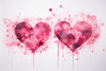 Two watercolor pink hearts on a background of splashes of paint, splashes, stains and drops
