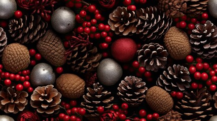 Christmas border adorned with lush fir branches, red and silver pine cones, and other exquisite decorations. The composition exudes the elegance of holiday decor. SEAMLESS PATTERN. SEAMLESS WALLPAPER.