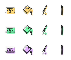 Set line Paint brush, Computer with design program, bucket and icon. Vector