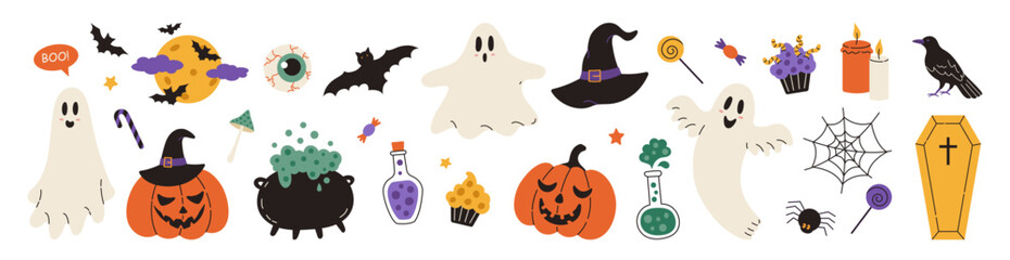 Halloween element set: hat, ghost, bat, candy, funny pumpkins, witch's cauldron, spider. Perfect for scrapbooking, greeting card, invitation, poster, stickers. Hand drawn vector illustration.