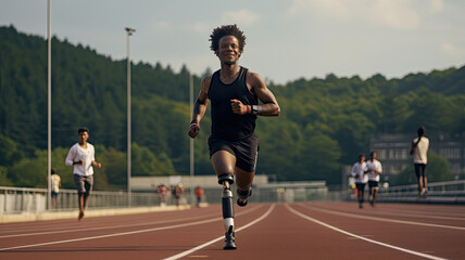 black man with prosthetic legs running on a running track