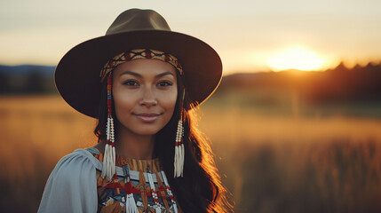 Native American heritage month November. Tribal people awareness. Amerindian woman with traditional clothes posing against nature background