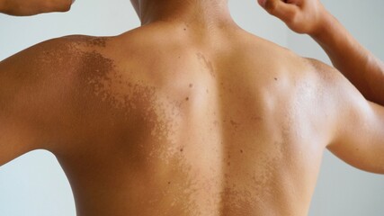 Fototapeta premium Peeling skin on human back after excessive summer sun exposure and sunburn.