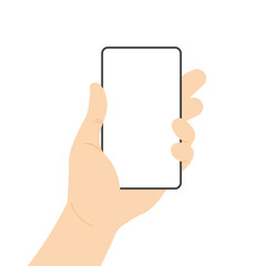 Obraz na płótnie Canvas Hand holds smartphone with blank screen. Phone mock up with white display. Vector illustration in modern flat style isolated.