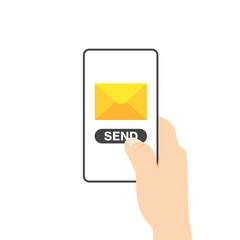 Open mail notification on a screen. Yellow envelope on smartphone screen. Hand holds phone and send a message or email. Vector illustration in modern flat style.