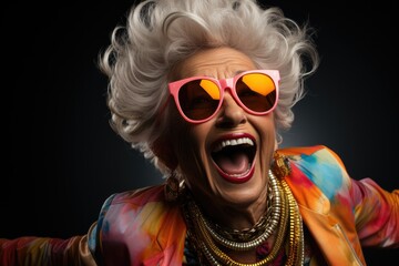 Close up photography of a funny and positive grandmother wearing colorful outfit is dancing. Generation AI