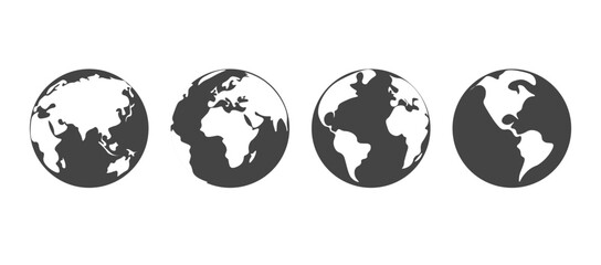 Earth globe black icon set. Planet hemispheres with continents. World map different sides. Vector illustrations.