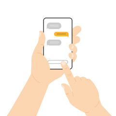 Hand holding phone with chat messages on a screen. Speech bubbles boxes on smartphone display. Sending new messages. Vector illustration in modern flat style.