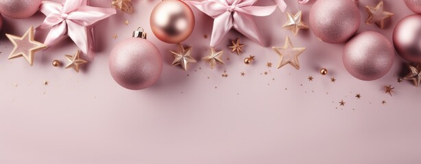 Top view photo of christmas tree decorations pink balls gold bell pine snowflake shaped ornaments glowing stars white giftbox serpentine and sequins on isolated pastel pink background - Generative AI