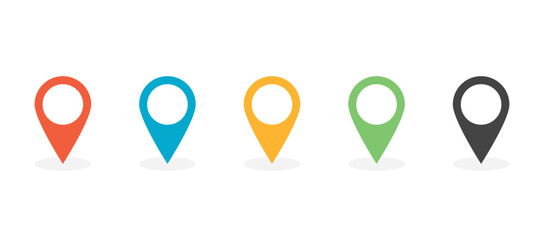 Map pin set. Location marker or pointer in different colours. Vector illustration isolated on white background.