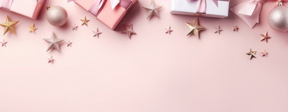 Top view photo of christmas tree decorations pink balls gold bell pine snowflake shaped ornaments glowing stars white giftbox serpentine and sequins on isolated pastel pink background - Generative AI