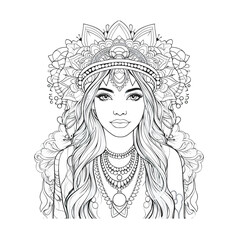 Boho style hippie only one girl coloring page for adults, simple coloring page, cartoon style