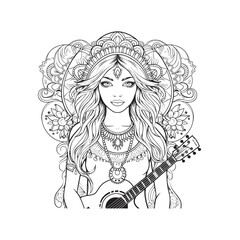 Boho style hippie only one girl coloring page for adults, simple coloring page, cartoon style