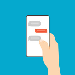 Hand holding phone with chat messages on a screen. Speech bubbles boxes on smartphone display. Sending new messages. Vector illustration in modern flat style.