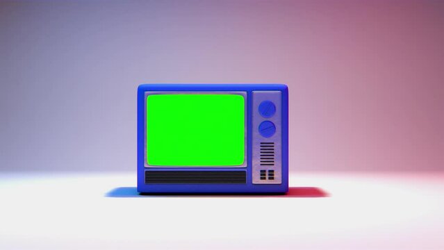 Retro tv, vintage blue television with a green screen in empty room.